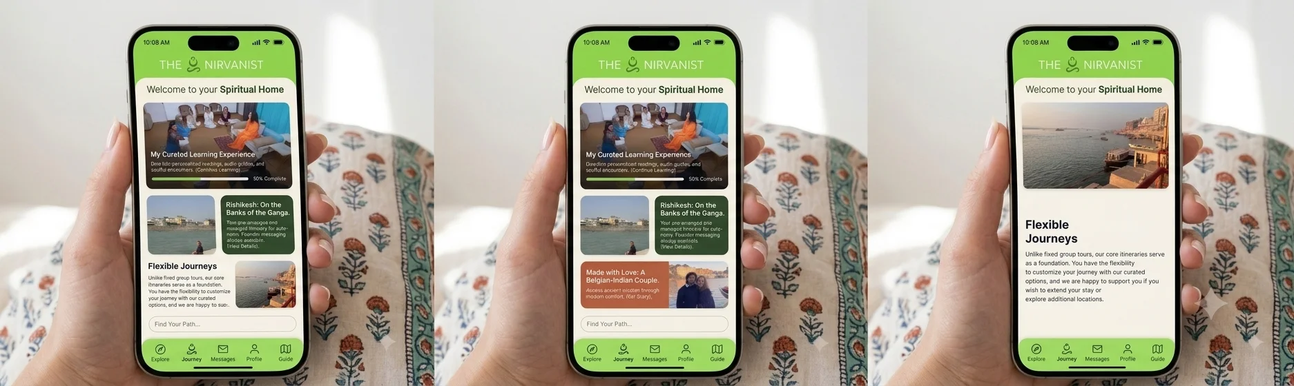The Nirvanist app — Journey, Explore, and Guide screens